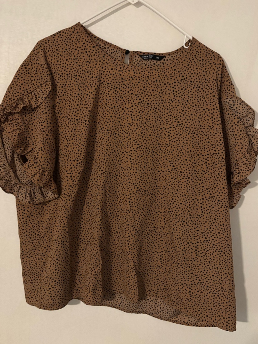 SHEIN Tan Blouse with Black Dot Ruffle Sleeves